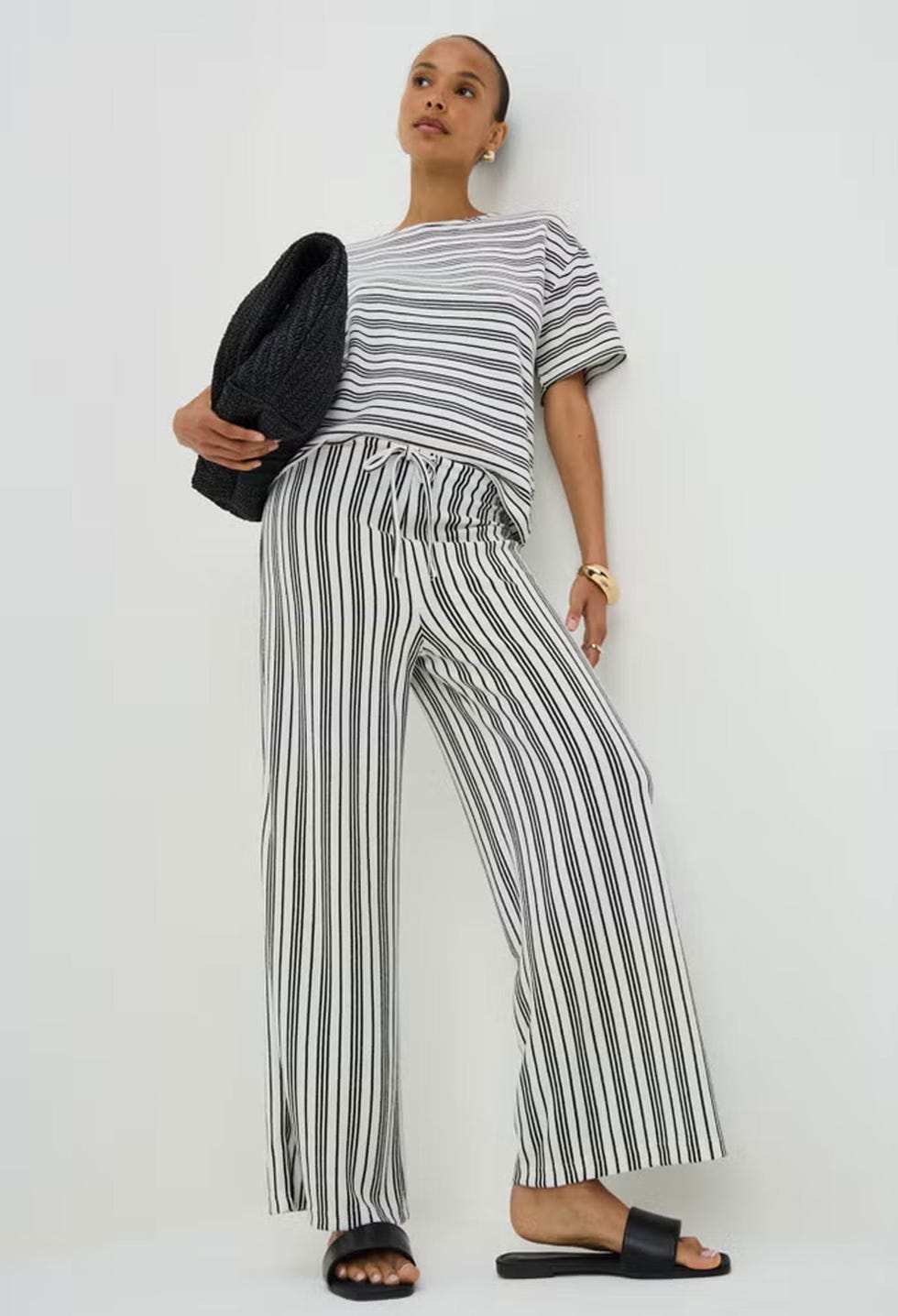 Cream Stripe Soft Knit Wide Leg Co Ord Trousers