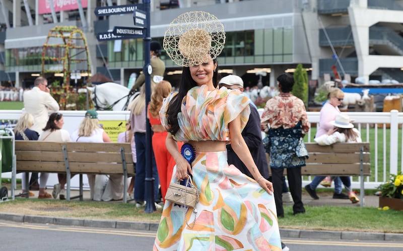 Pamela Ryan, from Drimnagh, wins the Best Dressed Competition on Ladies Day at the Gallagher Horse Show 2026 at the RDS. Photograph: Alan Betson/The Irish Times