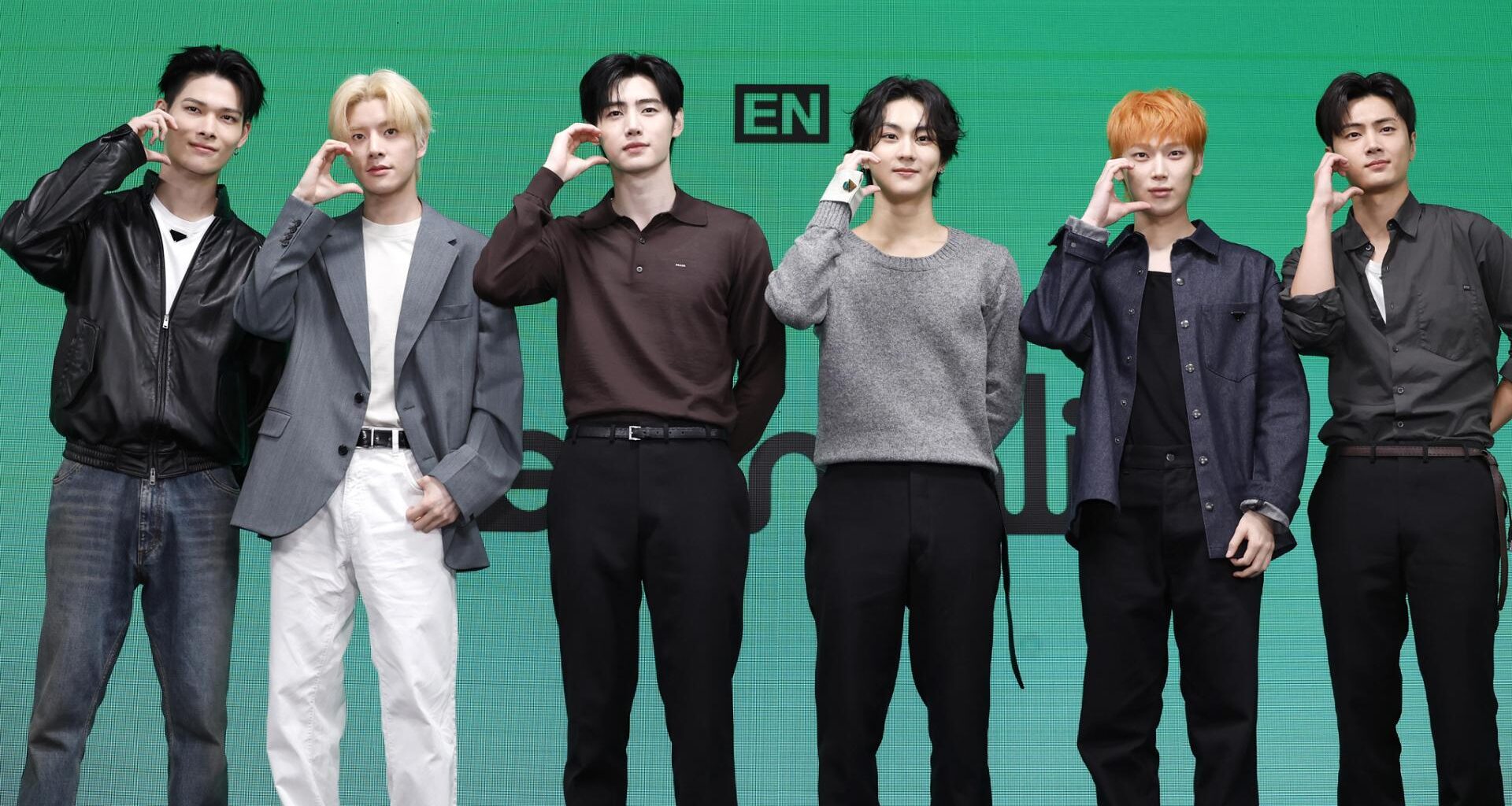 ENHYPEN members, from left, Ni-ki, Jake, Sunghoon, Jungwon, Sunoo and Jay, pose during a press conference for the release of the group
