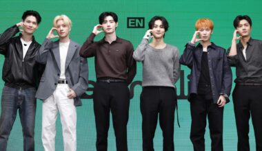 ENHYPEN members, from left, Ni-ki, Jake, Sunghoon, Jungwon, Sunoo and Jay, pose during a press conference for the release of the group
