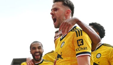 Anton Stach celebrates his late winner