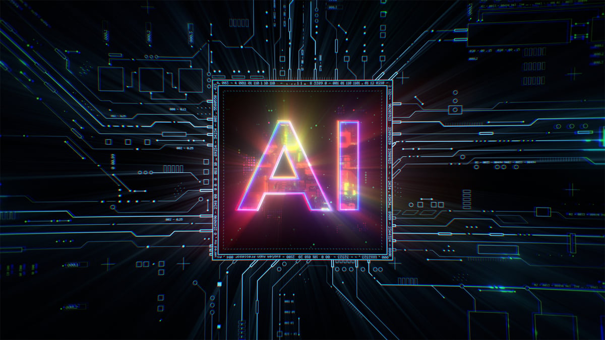 A circuit with a chip in the middle with glowing letters A I on it.