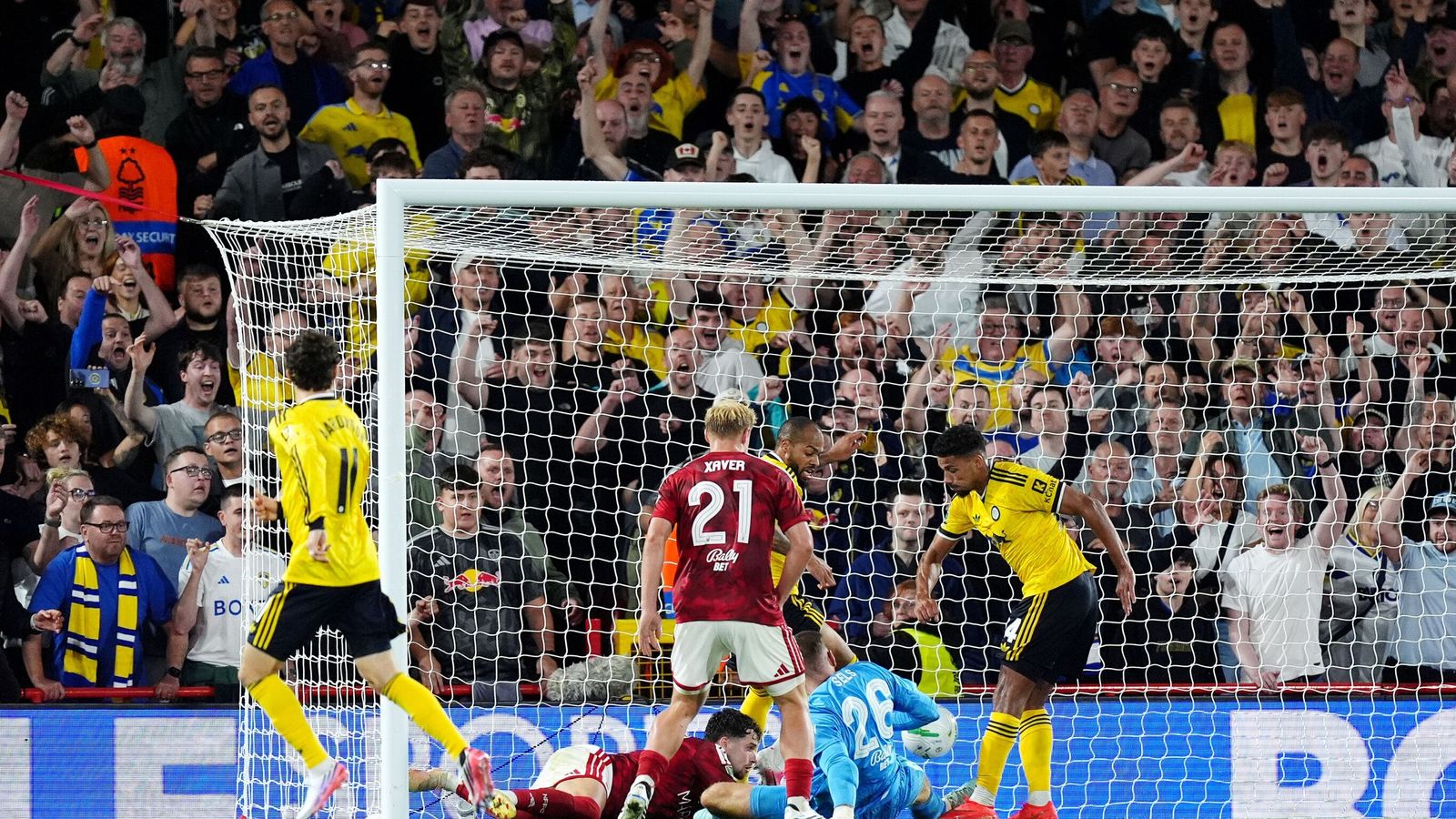 James Justin scores Leeds' second goal at Forest