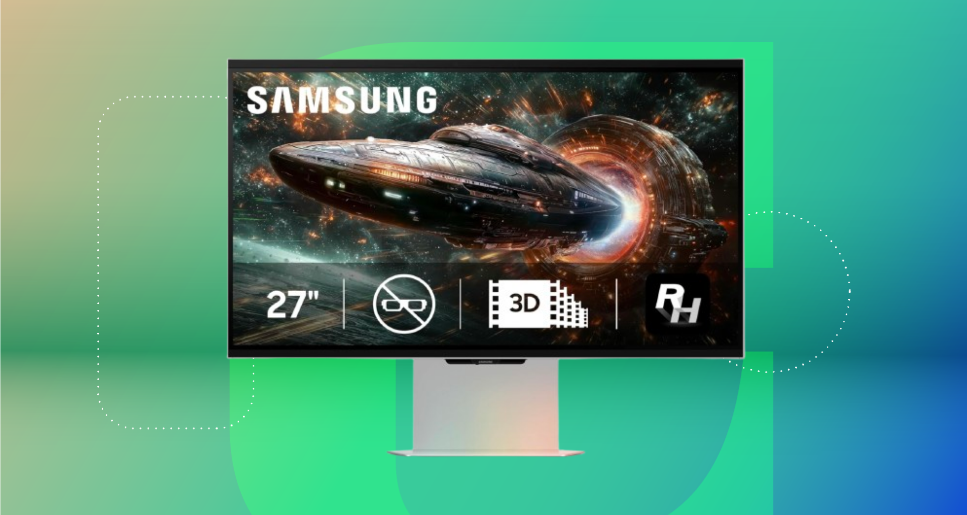 Samsung Odyssey 27-inch gaming monitor against orange, green and blue CNET background.