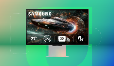 Samsung Odyssey 27-inch gaming monitor against orange, green and blue CNET background.