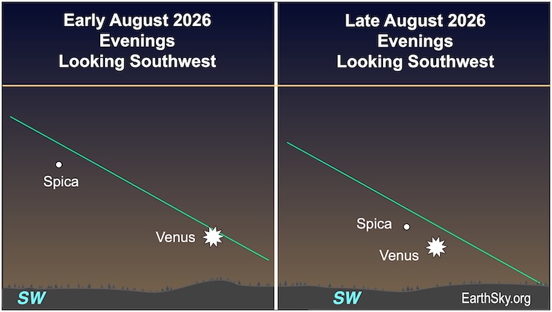 There are two charts. In the first, a starred dot, Venus, lies above a wavy line, the horizon. A smaller dot, the star Spica, lies far to the upper left of the starred dot. In the second, the small dot, Spica, has moved close to the starred dot, Venus.