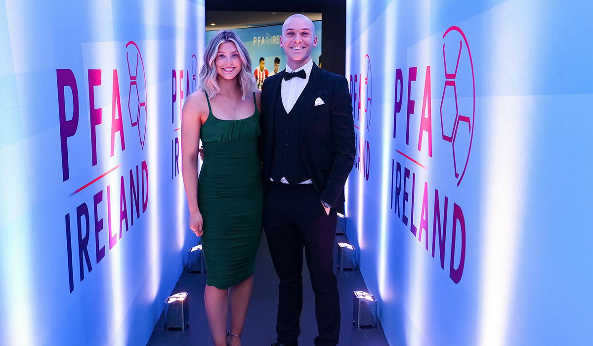 Georgie Kelly of Bohemians with Kate O'Connor arriving before the PFA Ireland Awards at The Marker Hotel in Dublin. Photo by Stephen McCarthy/Sportsfile
