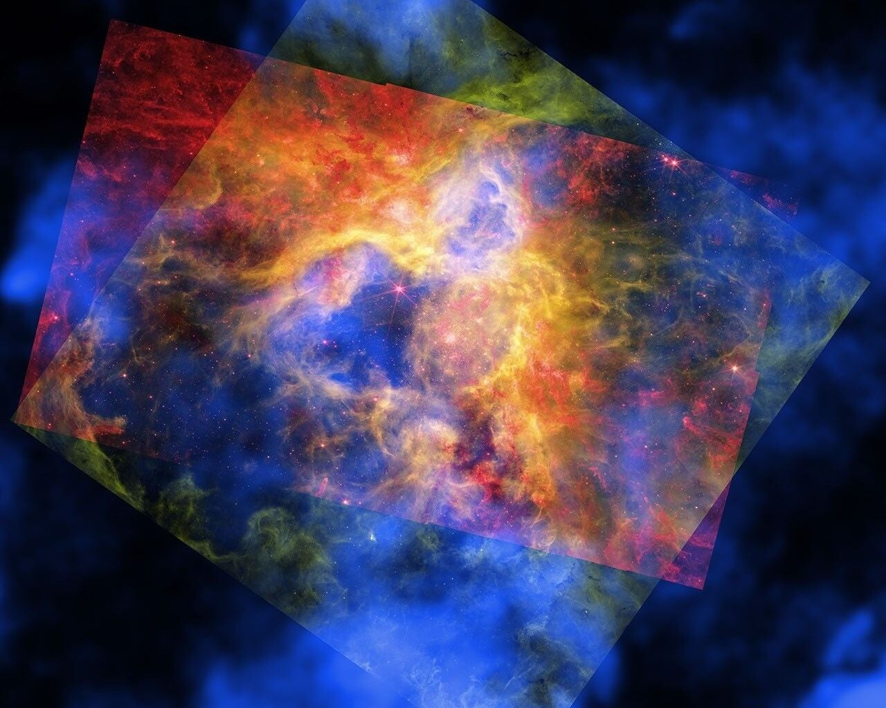The new composite image of the Tarantula Nebula (30 Doradus), layering X-ray data from Chandra (blue), infrared from Webb (red), and optical data from Hubble (green) — the combination that let astronomers trace where the nebula's missing energy has been escaping to (Credit : X-ray: NASA/CXC/Ohio State Univ./J. Rodriguez et al; Infrared: NASA/ESA/CSA/STScI; Optical: NASA/ESA/STScI; Image Processing: NASA/CXC/SAO/P. Edmonds)