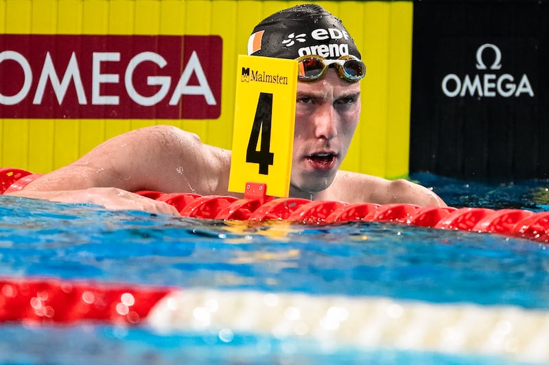 Daniel Wiffen after the men’s 800m freestyle final on Wednesday. Photograph: Andrea Staccoli/Inpho