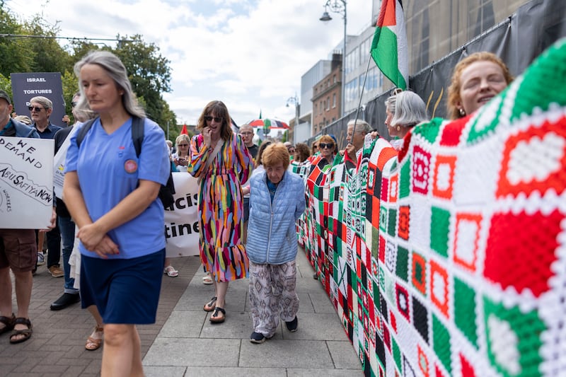 Each of the crocheted or knitted squares represent 10 children killed in Israeli attacks since October 7th, 2023. Photograph: Tom Honan for The Irish Times