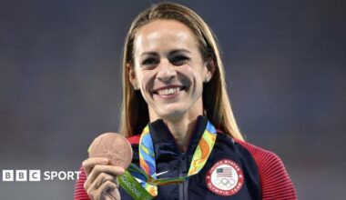 USA's Jennifer Simpson holds up her bronze medal from the women's 1500m at the Rio 2016 Olympic Games