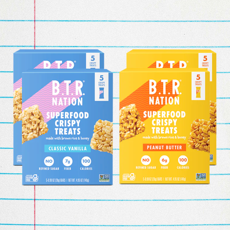 B.T.R. Nation superfood crispy treats in vanilla and peanut butter flavors, featuring healthy ingredients and key nutritional info. B.T.R. Nation superfood crispy treats in vanilla and peanut butter flavors, featuring healthy ingredients and key nutritional info.