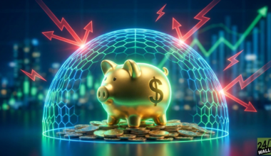 A gold piggy bank with a dollar sign rests on a bed of gold coins, enclosed under a glowing blue and green hexagonal dome. Red lightning bolts representing market risks strike and are deflected by the protective shield. In the blurred background, financial graphs and city lights are visible.