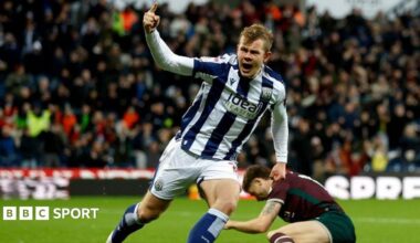 Aune Heggebo celebrates scoring for West Brom in a Championship match against Swansea in November 2025