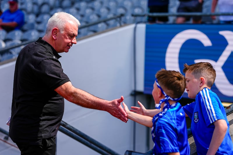 Gabriel Bannigan with Monaghan fans after the All-Ireland quarter-final against Louth. Photograph: James Lawlor/Inpho