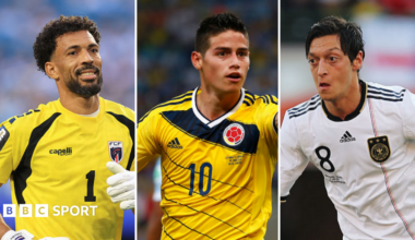 Composite of Cape Verde goalkeeper Vozinha, Colombia's James Rodriguez and Germany's Mesut Ozil