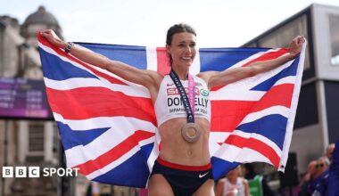 Great Britain's women's 4x100m team celebrate winning European gold