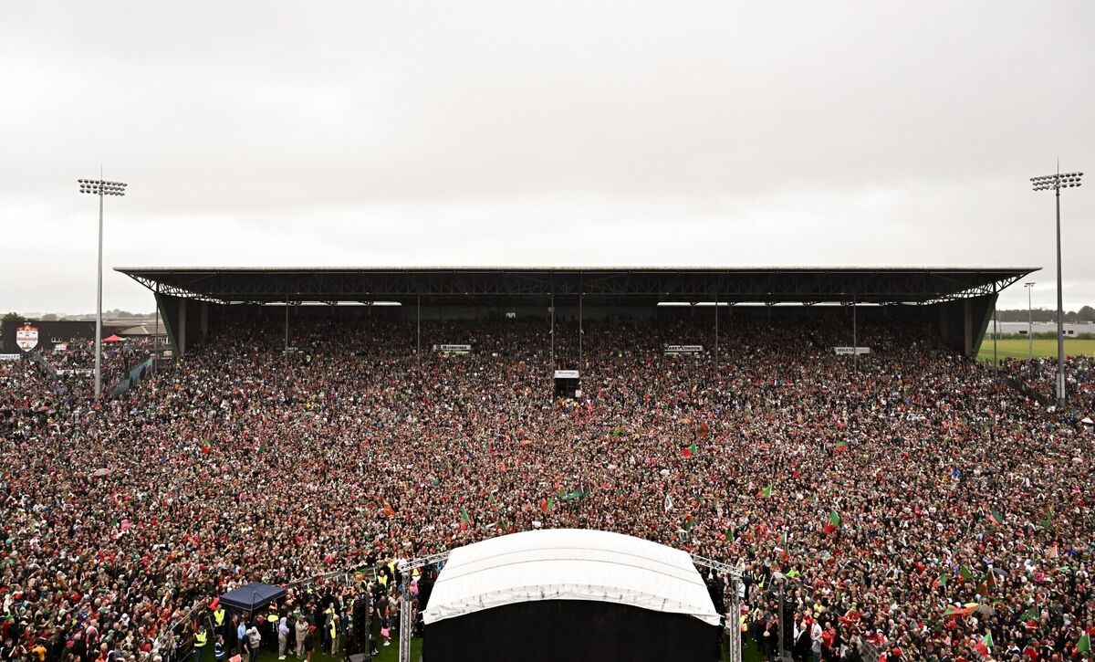 The teeming MacHale Park welcoming back the All-Ireland champions on Monday. Picture: Piaras Ó Mídheach/Sportsfile