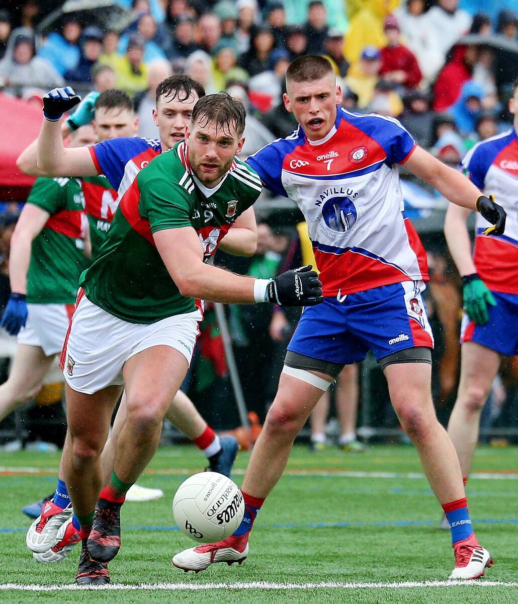 Aidan O'Shea challenged by fellow Mayo man Matthew Queenan (Lahardane Machales/Mayo Accolades) during the 2019 Connacht quarter-final between Mayo and New York in Gaelic Park, The Bronx. Picture: Andy Marlin/Inpho 
