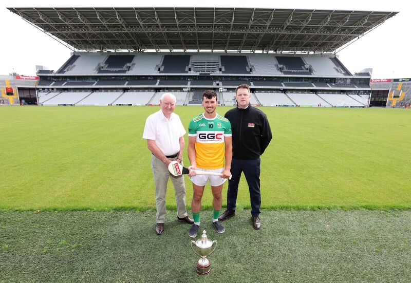Bride Rovers captain Conleith Ryan with Cork County Board chairperson Pat Horgan and Jerry Riordan of Co-op Superstores at the launch of the county hurling championships. Picture: Jim Coughlan