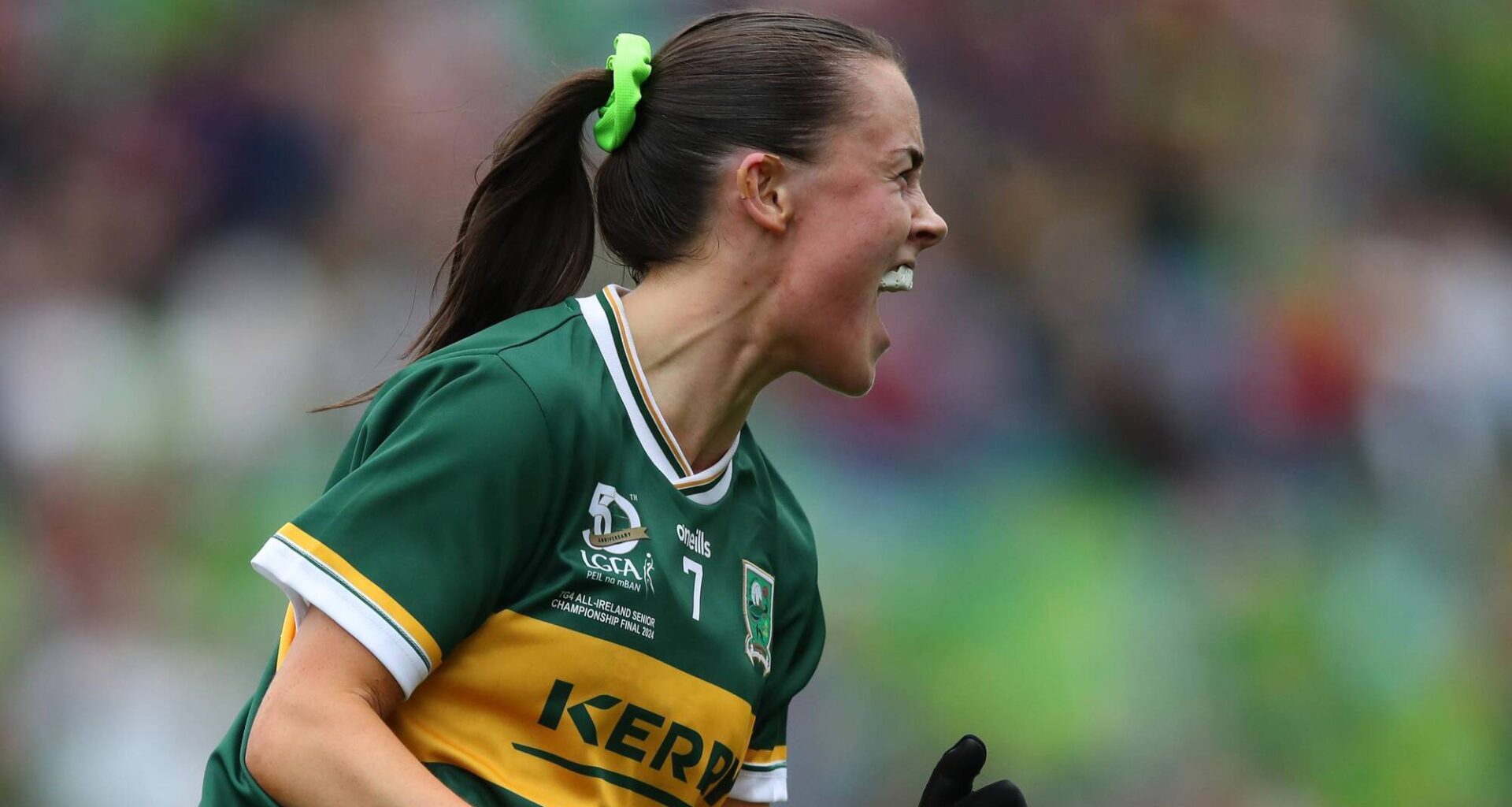 Aoife Dillane started wearing a green hair bobble to help her grandmother Dolores Curtin identify her on the pitch. Dillane still wears it in memory of Delores who died following Kerry's 2024 All-Ireland victory. Pic: ©INPHO/Leah Scholes