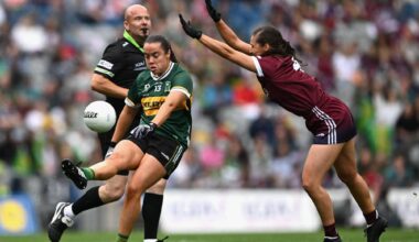 Danielle O'Leary of Kerry kicks past Kate Geraghty of Galway. Pic: Ray McManus/Sportsfile