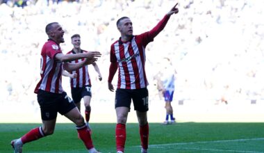 Lincoln City's Jack Moylan (right) celebrates. Pic: Jacob King/PA Wire.