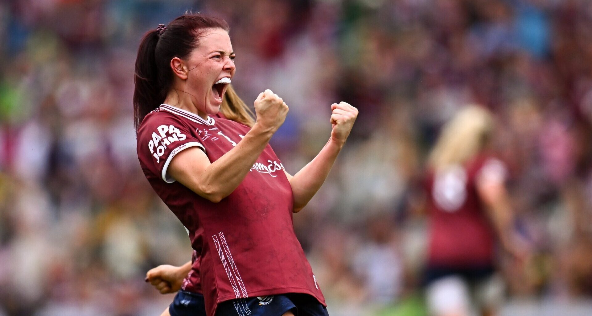 Eva Noone of Galway celebrates after scoring what proved to be the winning point. Pic: Piaras Ó Mídheach/Sportsfile