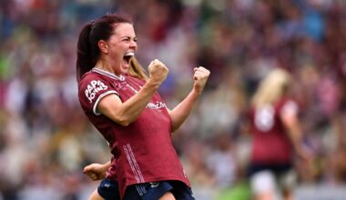 Eva Noone of Galway celebrates after scoring what proved to be the winning point. Pic: Piaras Ó Mídheach/Sportsfile