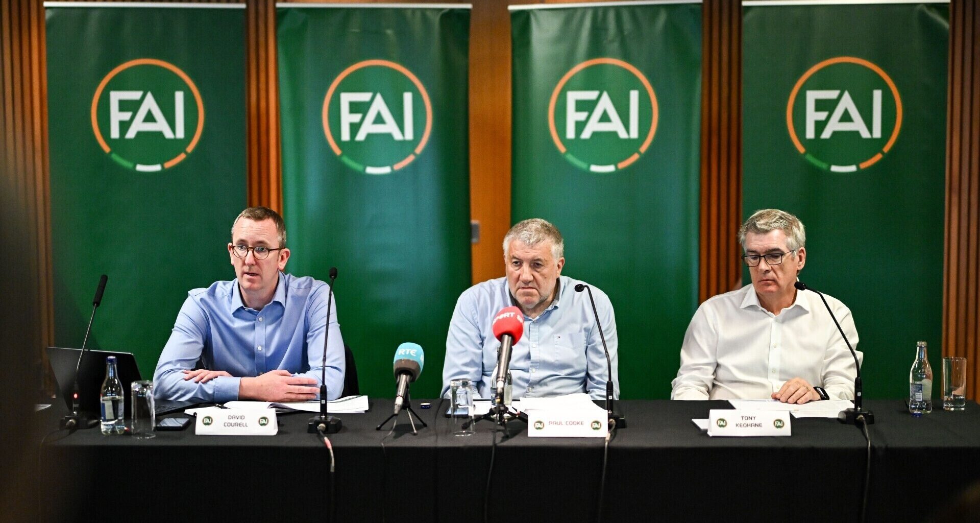 FAI chief executive officer David Courell, left, FAI President Paul Cooke and FAI independent chairperson Tony Keohane, right, during an FAI Extraordinary General Meeting at the Aviva Stadium. Pic: Stephen McCarthy/Sportsfile