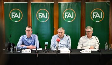 FAI chief executive officer David Courell, left, FAI President Paul Cooke and FAI independent chairperson Tony Keohane, right, during an FAI Extraordinary General Meeting at the Aviva Stadium. Pic: Stephen McCarthy/Sportsfile