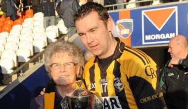 Oisin McConville celebrates with his mother Margaret McConville after Crossmaglen Rangers won the 2011 Armagh SFC final. Pic: Oliver McVeigh / SPORTSFILE