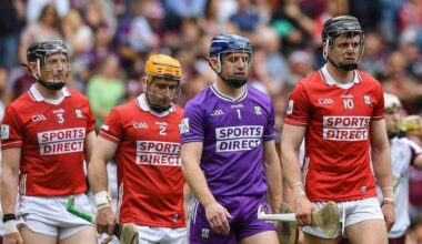 ON THE ROAD: Cork captain Darragh Fitzgibbon leads his team during the parade before the All-Ireland SHC semi-final. Pic: John Sheridan/Sportsfile