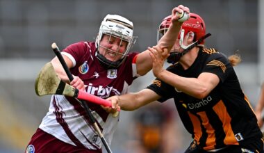 Ailish O'Reilly of Galway in action against Angela Carroll of Kilkenny. Pic: Piaras Ó Mídheach/Sportsfile