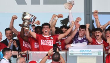 Cork's Joe Miskella lifts the Electric Ireland GAA All-Ireland MFC trophy. Pic: Bryan Keane/Inpho