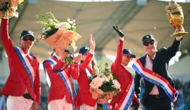 Team USA members, from left, Karl Cook, Natalie Dean, Robert Ridland, Laura Kraut and Paris Sellon celebrate with the Aga Khan trophy. Pic: Shauna Clinton/Sportsfile