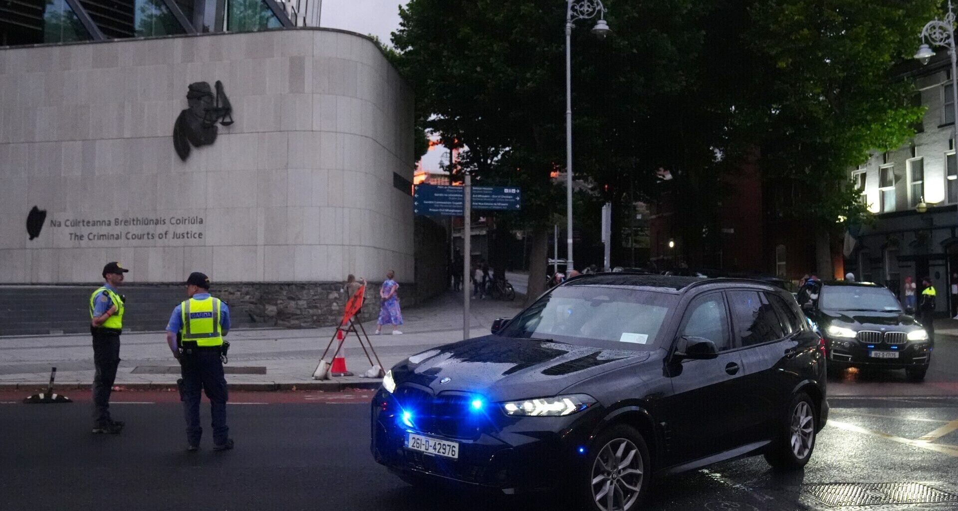 Garda vehicles leaving the Criminal Courts of Justice in Dublin, where Daniel Kinahan has been remanded in custody charged with directing an organised crime group, after being extradited from Dubai. Picture: Brian Lawless/PA Wire