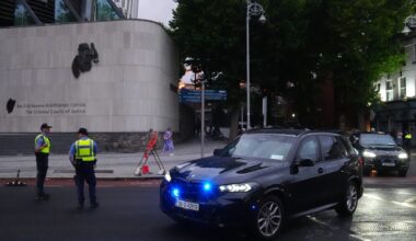 Garda vehicles leaving the Criminal Courts of Justice in Dublin, where Daniel Kinahan has been remanded in custody charged with directing an organised crime group, after being extradited from Dubai. Picture: Brian Lawless/PA Wire