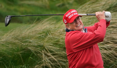 US president Donald Trump playing golf at Trump International Golf Links & Hotel in Doonbeg, Co Clare, during his 2023 visit to Ireland between his two presidential terms. File picture: PA
