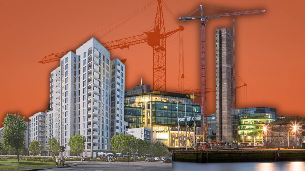 A CGI of the Creamfields development (right) and the new 25-storey Railyard Apartments tower, which will be the tallest building in Ireland when complete. 