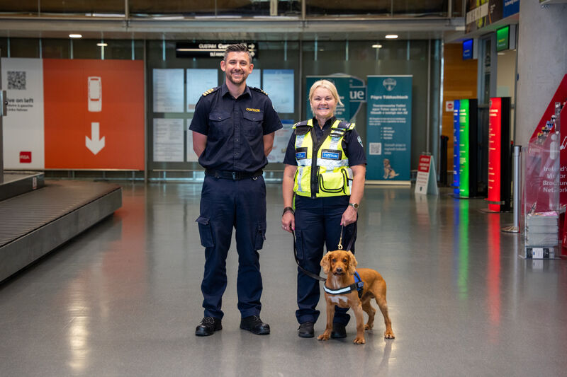 John Adams, Customs Manager at Cork Airport and Olivia O’Connor, Customs dog handler; and Rua, Customs detector dog. Picture: Noel Sweeney
