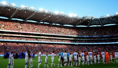 FULL HOUSE: Manchester United and Leeds United players shaek hands before Wednesday's pre-season Friendly, Croke Park, Dublin. Pic: INPHO/Ryan Byrne
