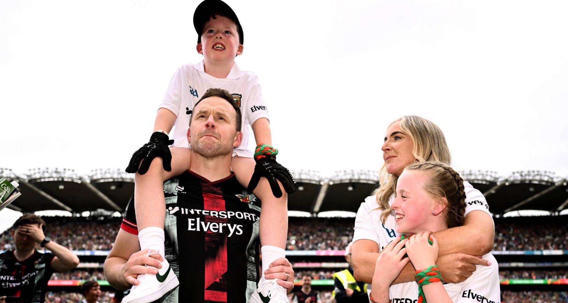 Mayo manager Andy Moran with his wife Jennifer and their children Ollie and Charlotte after the All-Ireland final victory over Kerry. Pic: Ben McShane/Sportsfile