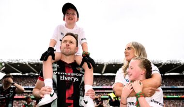 Mayo manager Andy Moran with his wife Jennifer and their children Ollie and Charlotte after the All-Ireland final victory over Kerry. Pic: Ben McShane/Sportsfile