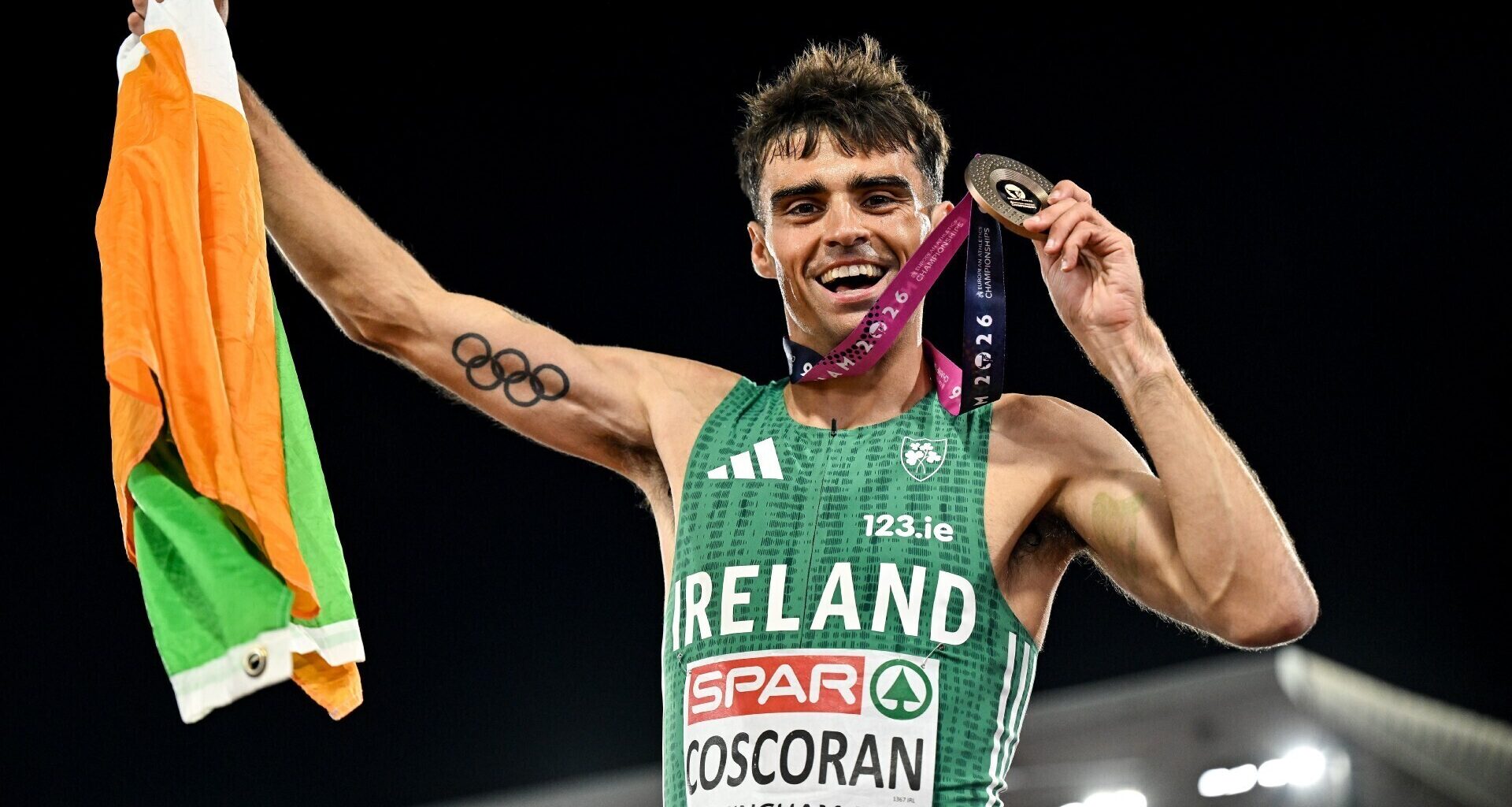 FLYING THE FLAG: Andrew Coscoran of Ireland celebrates with his bronze medal. Pic: Sam Barnes/Sportsfile