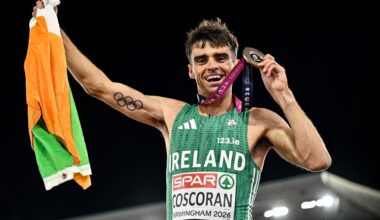 FLYING THE FLAG: Andrew Coscoran of Ireland celebrates with his bronze medal. Pic: Sam Barnes/Sportsfile