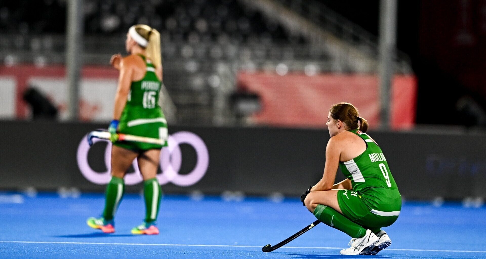 Kathryn Mullan, right, and Caoimhe Perdue of Ireland react after their defeat in the World Cup clash with Spain. Pic: Ben McShane/Sportsfile