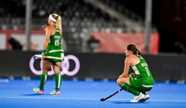 Kathryn Mullan, right, and Caoimhe Perdue of Ireland react after their defeat in the World Cup clash with Spain. Pic: Ben McShane/Sportsfile