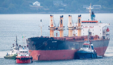 The MV Matthew, at the centre of Ireland’s largest ever drugs seizure in 2023, finally leaving Cork Harbour on July 16. The State spent almost €17m to maintain it since it was seized. Picture: David Creedon