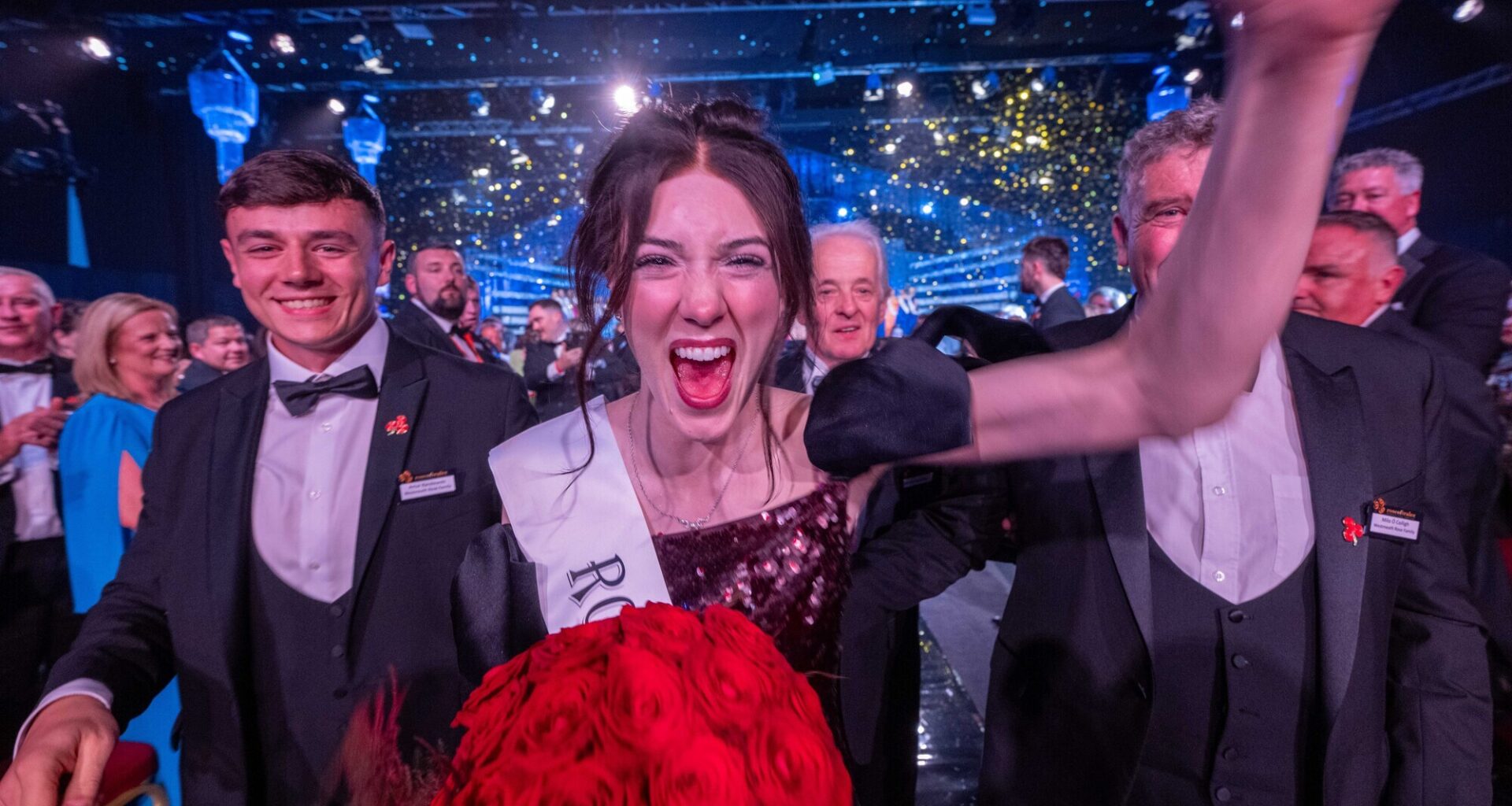 A delighted Caoilfhinn Ní Choiligh celebrating after being named the 2026 Rose of Tralee tonight, Tuesday. Picture: Domnick Walsh